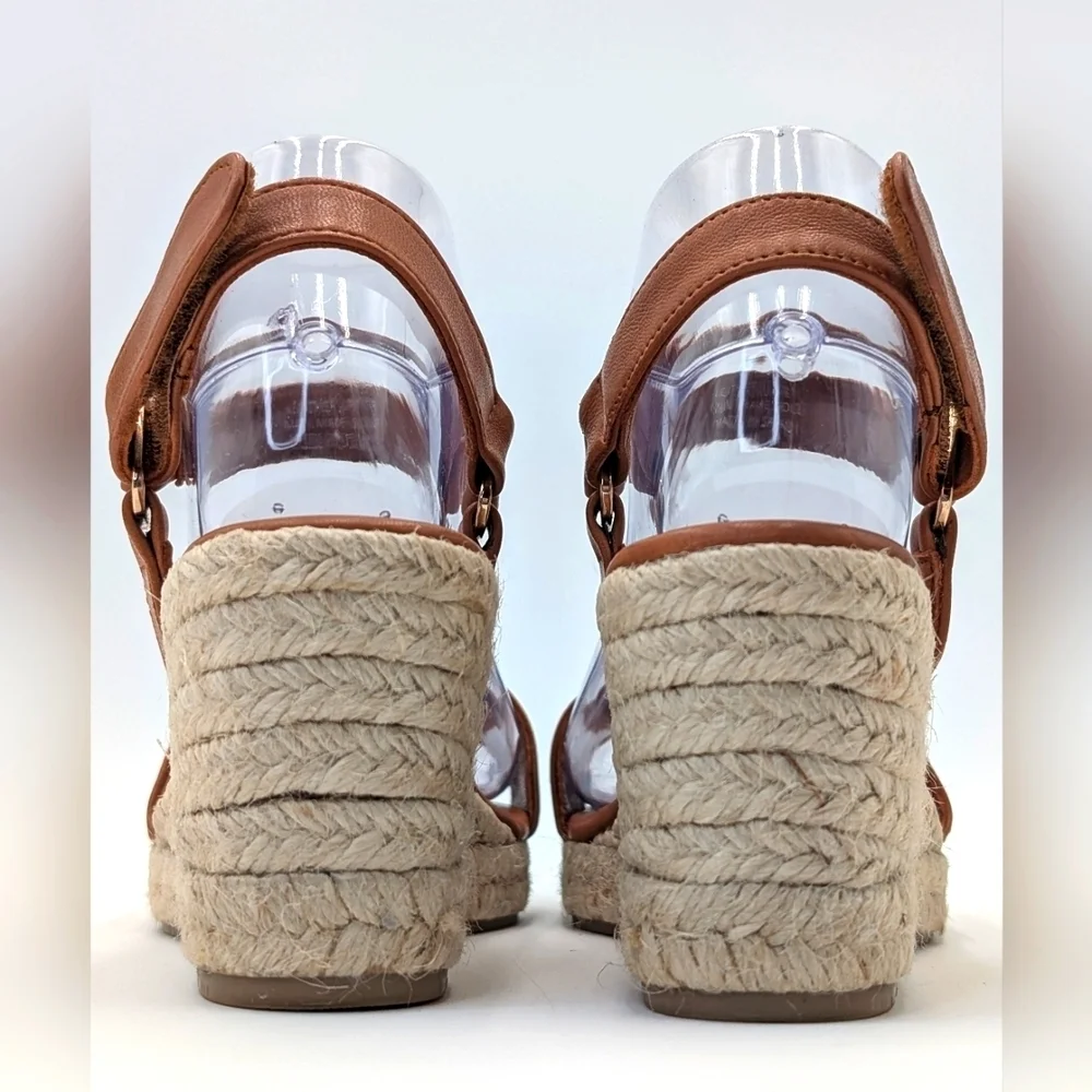 NEW Jutelia Made In Spain Brown Leather Espadrilles Raffia Braided Wedge Sz 7.5